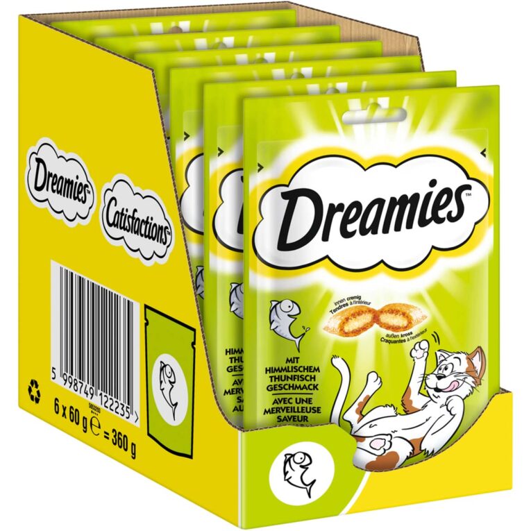Katzensnacks von Dreamies ohne Konservierungsmittel. Leckerer Fisch macht deiner Katze Appetit. Der Snack ist für Katzen aller Lebensphasen zu empfehlen.