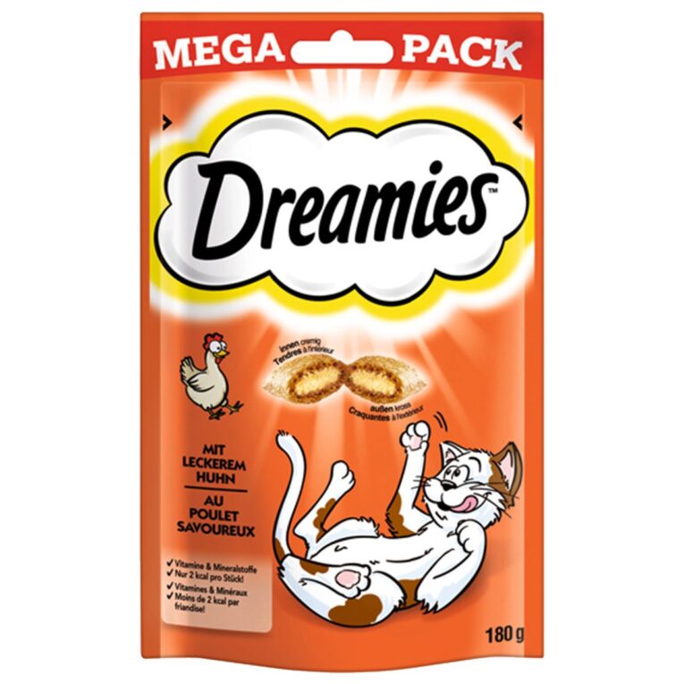 Katzensnacks von Dreamies ohne Konservierungsmittel. Mit wohlschmeckendem Huhn für ein besonderes Geschmackserlebnis. Der Snack ist für Katzen aller Lebensphasen zu empfehlen.