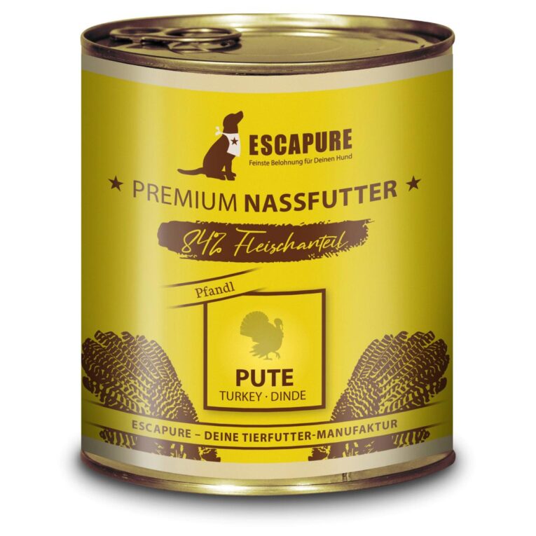 Das Escapure Puten Pfandl ist eine vollwertige bayerische Mahlzeit - feinstes Nassfutter aus 84% Putenfleisch mit Karotten und Kartoffeln.