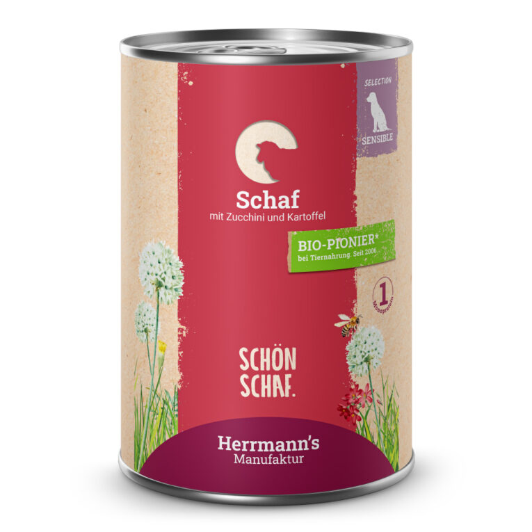 Schaf mit Zucchini und Kartoffeln Alleinfuttermittel für ausgewachsene Hunde Was ist drin? 50 % Schaf aus artgerechter Haltung als gut verträgliche Fleischalternative