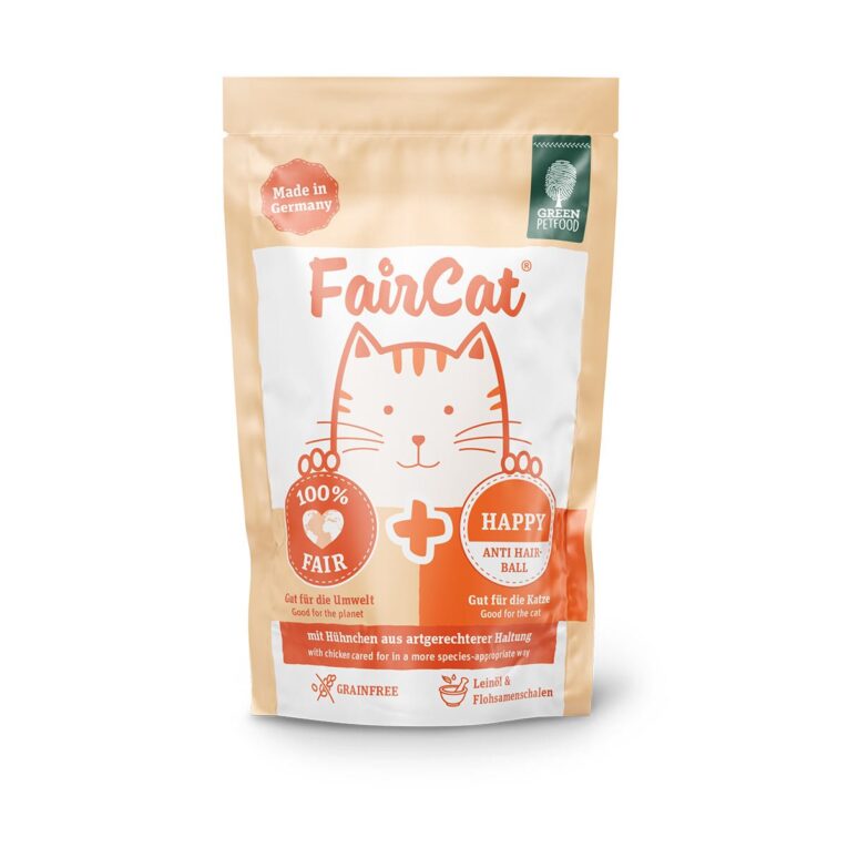 FairCat Happy mit Hühnchen aus artgerechterer Haltung. Mit Leinöl & Flohsamenschalen hilft das Alleinfuttermittel Deiner Katze