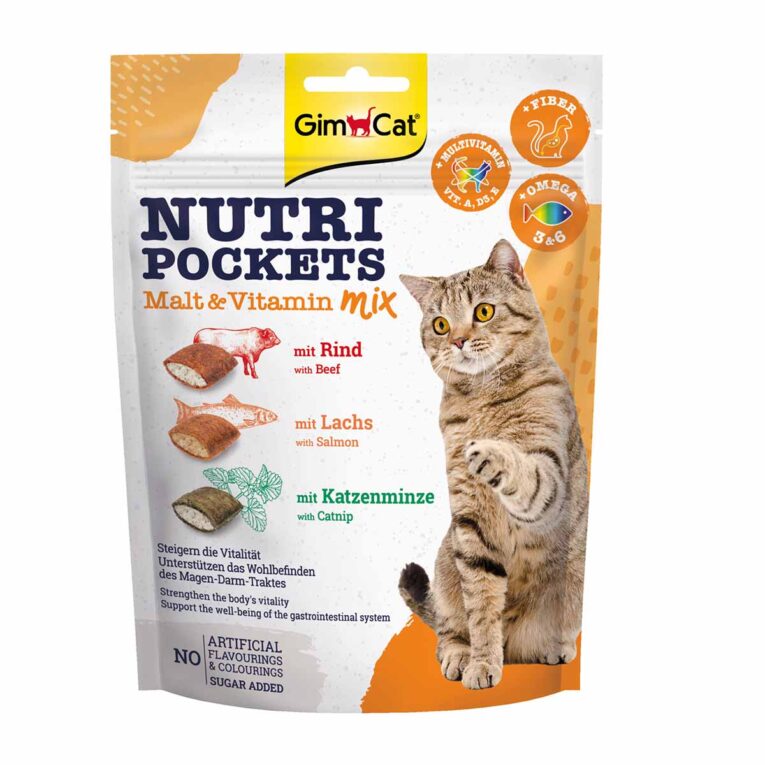 GimCat Nutri Pockets Malt & Vitamin Mix sind knusprige Kissen mit einer leckeren Füllung.