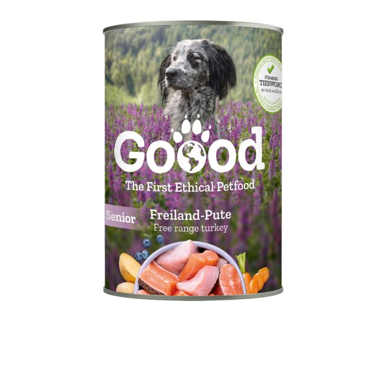 Goood Senior Freiland-Pute ohne Zucker- und Getreidezusatz ist ein Alleinfuttermittel für ältere Hunde. Rezeptur ohne künstliche Konservierungs-