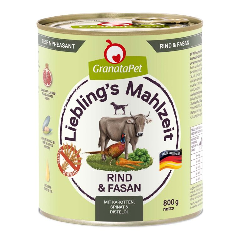 Weizenfreies Nassfutter von Granatapet für übergewichtige Hunde. Mit vitaminreichen Innereien für kleine Feinschmecker. Das Futter ist für Hunde aller Lebensphasen geeignet.