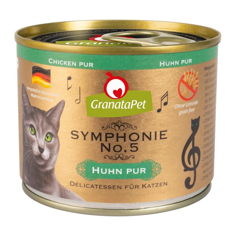 Weizenfreies Nassfutter von Granatapet ohne Zucker. Mit hochwertigen Innereien für anspruchsvolle Katzen. Das Futter ist speziell auf die Bedürfnisse von ausgewachsenen Katzen angepasst.