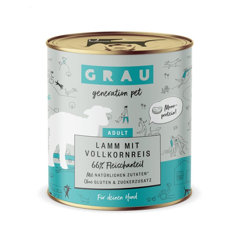 Leckeres Nassfutter für ausgewachsene Hunde von Grau. Mit vitaminreichem Lamm und Vollkornreis