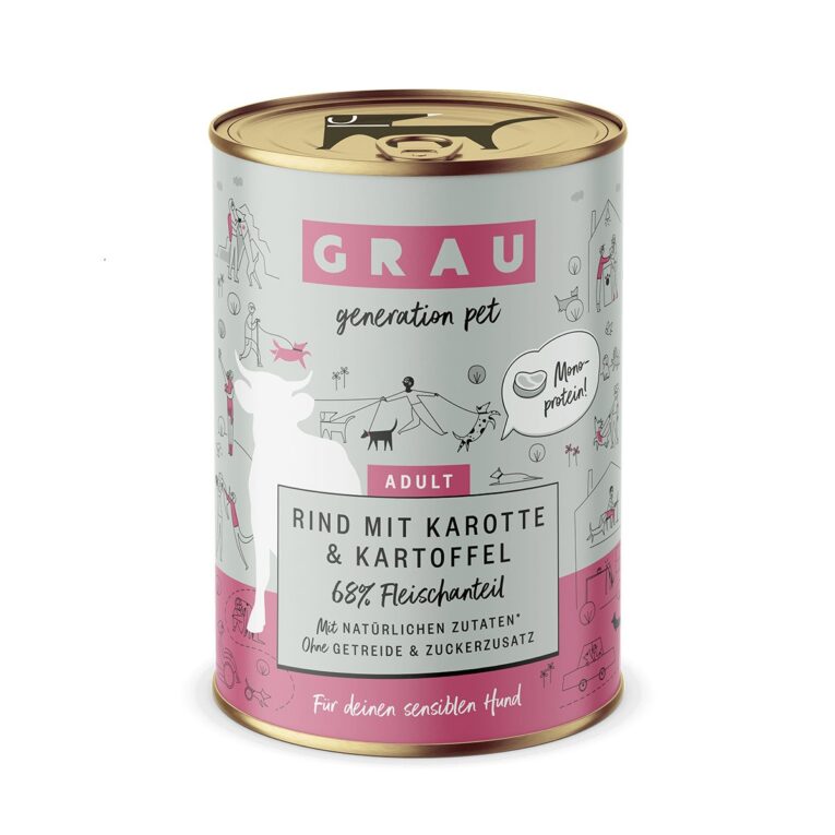 Geschmacksvolles Nassfutter für ausgewachsene Hunde von Grau. Mit intensivem Rind