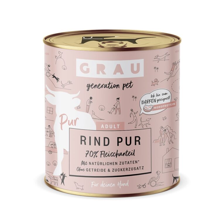 Hunde Nassfutter mit Rind von Grau ohne Getreide- und Zuckerzusatz. Das Futter ist speziell auf die Bedürfnisse von ausgewachsenen Katzen angepasst.
