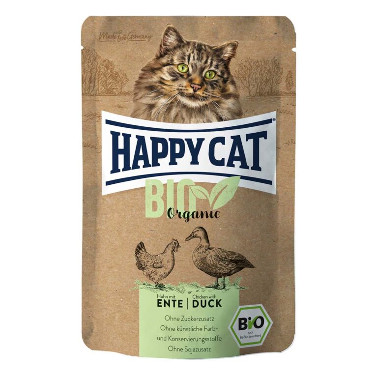 Happy Cat Bio Pouch Huhn & Ente ist ein schmackhaftes Nassfutter für ausgewachsene Katzen mit rein biologischen Zutaten. Hochwertiges Bio-Huhn und Ente verwöhnt auch den zartesten Gaumen.