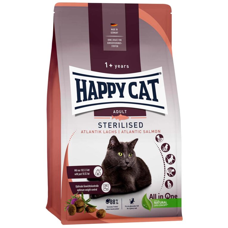 Leckeres Alleinfuttermittel von Happy Cat speziell für kastrierte Katzen mit leicht bekömmlichem Atlantik-Lachs
