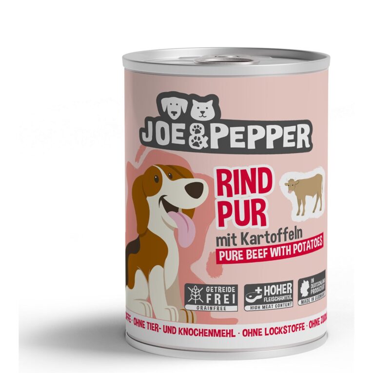 Hochwertiges Nassfutter von Joe & Pepper mit köstlichem Rind pur und Kartoffeln für deinen ausgewachsenen Hund. Mit einem hohen Fleischanteil von über 90 % und ohne künstliche Zutaten sowie ohne Zusatz von Getreide und Zucker für eine ausgewogene Ernährung.