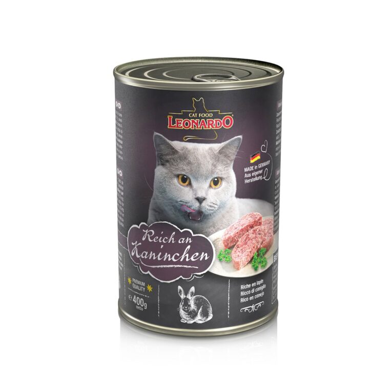 Katzen-Nassfutter von Leonardo ohne Konservierungsmittel. Mit wohlschmeckendem Kaninchen für anspruchsvolle Katzen. Das Futter ist speziell auf die Bedürfnisse von erwachsenen Katzen angepasst.