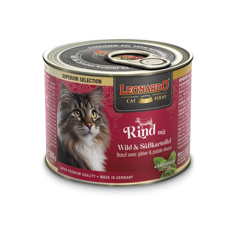 Köstliches Alleinfutter von Leonardo für deine Katze. Mit herzhaftem Rind und Wild sowie nahrhafter Süßkartoffel