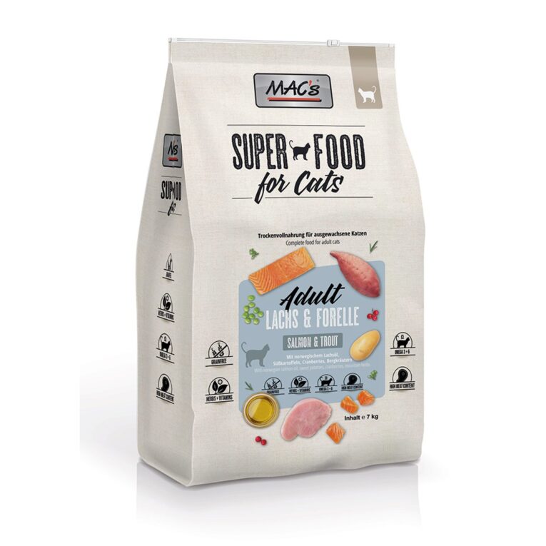 MAC's Cat Adult Lachs & Forelle ist ein ausgewogenes Trockenfutter für ausgewachsene Katzen.