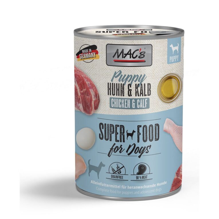 MAC’s Dog Puppy ist ein getreidefreies Alleinfuttermittel mit leckerem Rind und Geflügel für Welpen.