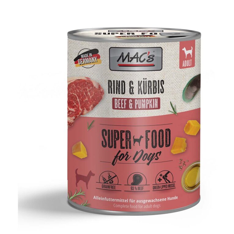 Köstliches Hunde-Nassfutter von MAC's Dog mit Vitaminen. Mit leckerem Rind für anspruchsvolle Hunde. Das Futter ist speziell auf die Bedürfnisse von ausgewachsenen Hunden angepasst.