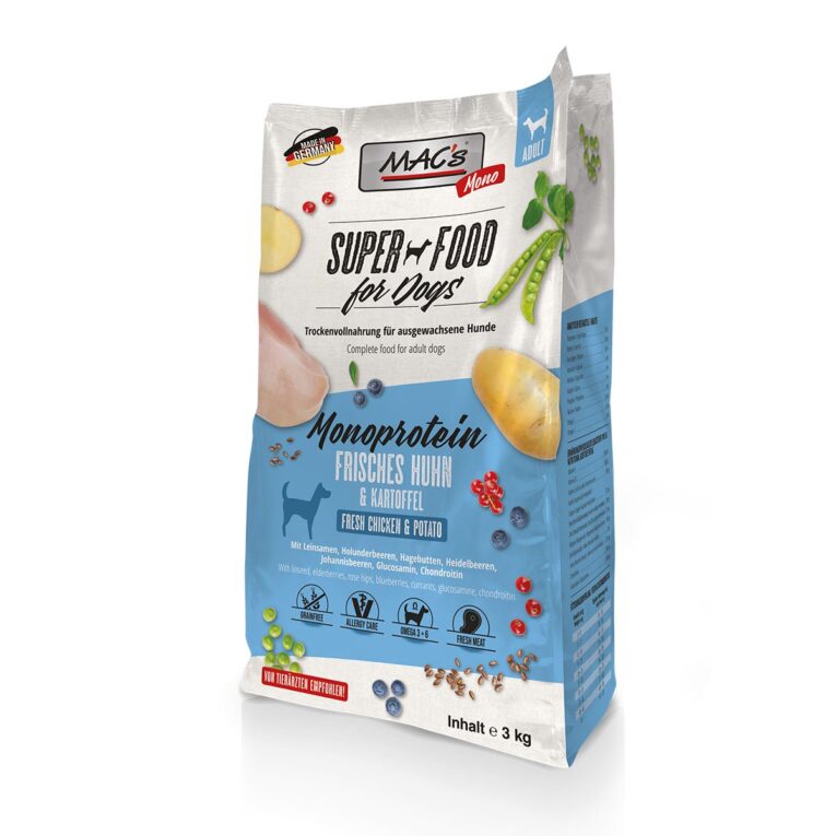 MAC’s MONO Huhn Trockenfutter speziell für allergieanfällige Hunde entwickelt.