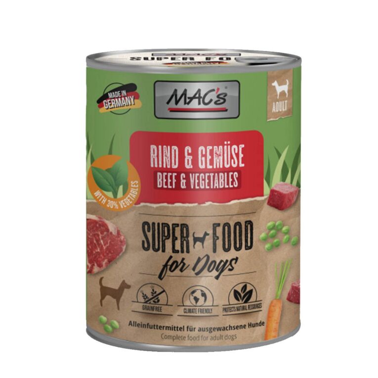 MAC's DOG Rind & Gemüse ist ein hochwertiges Nassfutter ohne Zusatz von Getreide und Zucker.