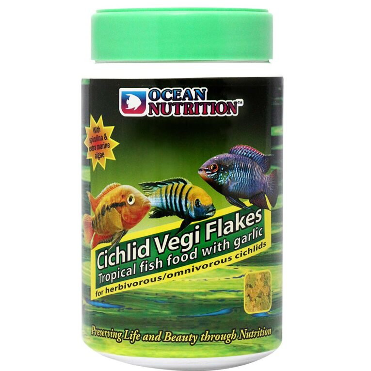 Die Ocean Nutrition Cichlid Vegi Flakes sind ideale Futterflocken für herbivore Cichliden und andere pflanzenfressende Süßwasserfische.