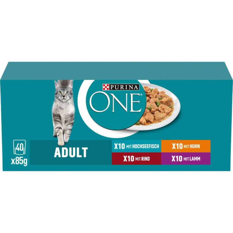 PURINA ONE Katzenfutter nass für ausgewachsene Katzen: Das ausgewogene Futter stärkt mit wertvollen Vitaminen die Abwehrkräfte Ihrer Katze. Die Großpackung sorgt mit den Sorten Lamm