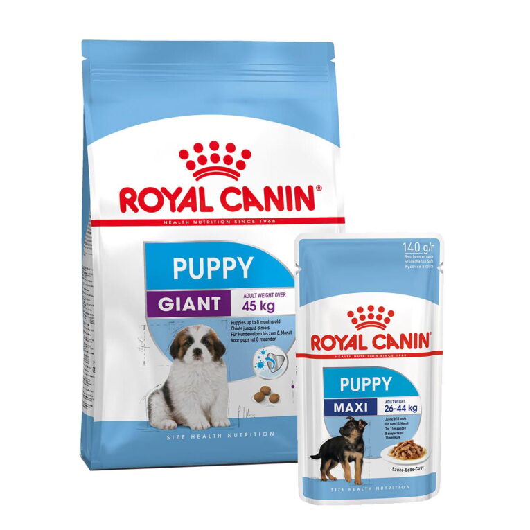 Appetitliches Futter für Welpen sehr großer Rassen. Royal Canin Giant Puppy ist empfohlen für Hundewelpen bis zum 8. Monat. Mit köstlichem Welpen-Nassfutter in Soße.
