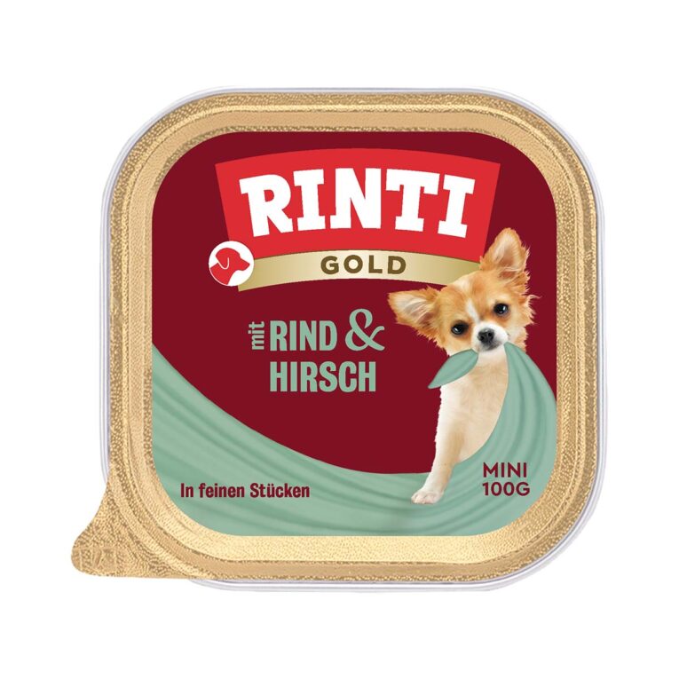 Leckeres Hunde-Nassfutter von Rinti. Rinti Gold Mini mit feinen Stückchen von Hirsch und Rind mit Vitaminen