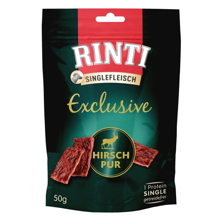 Rinti Singlefleisch Exclusive ist ein getreidefreier Snack für ausgewachsene Hunde mit einem hohen Fleischanteil.