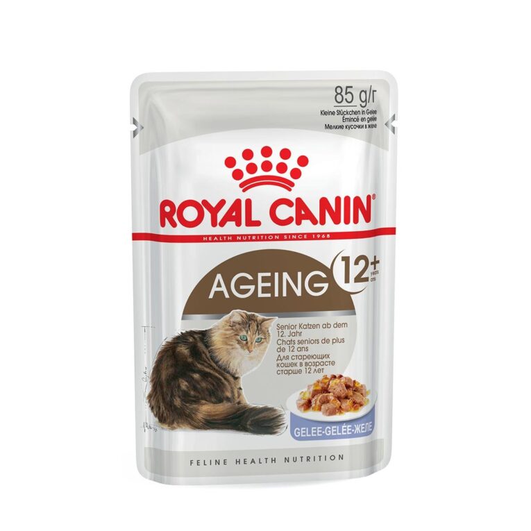 Royal Canin Ageing +12 in Gelee ist eine Katzenfeuchtnahrung für ausgewachsene Katzen ab 12 Jahre.