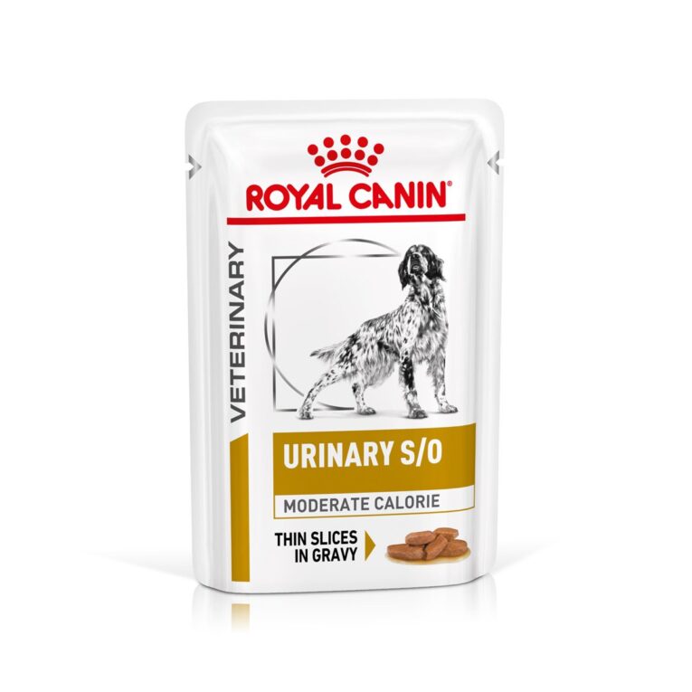 ROYAL CANIN® URINARY S/O MODERATE CALORIE feine Stückchen in Soße ist ein Diät-Alleinfuttermittel für Hunde zur Auflösung von Struvitsteinen und zur Verringerung von Struvitsteinrezidiven. Harnuntersättigende oder metastabilisierende Eigenschaften in Bezug auf Struvit und/oder harnsäuernde Eigenschaften.