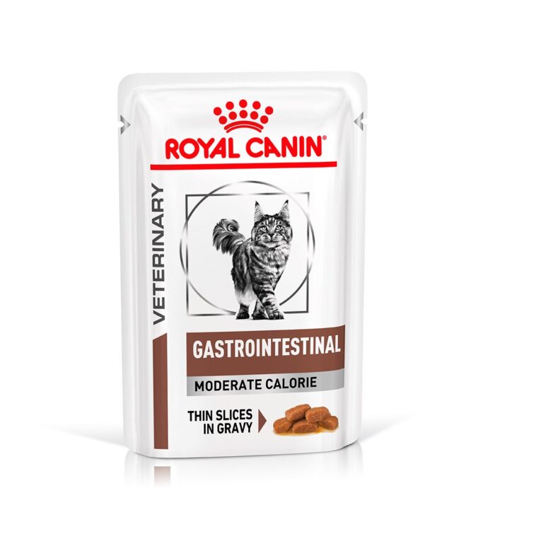 ROYAL CANIN® GASTROINTESTINAL MODERATE CALORIE feine Stückchen in Soße ist ein Diät-Alleinfuttermittel für Katzen zur Linderung akuter Resorptionsstörungen des Darms und zur Unterstützung des Fettstoffwechsels bei Hyperlipidämie. Leichtverdauliches Futtermittel mit erhöhtem Natrium- und Kaliumgehalt. Niedriger Fettgehalt.