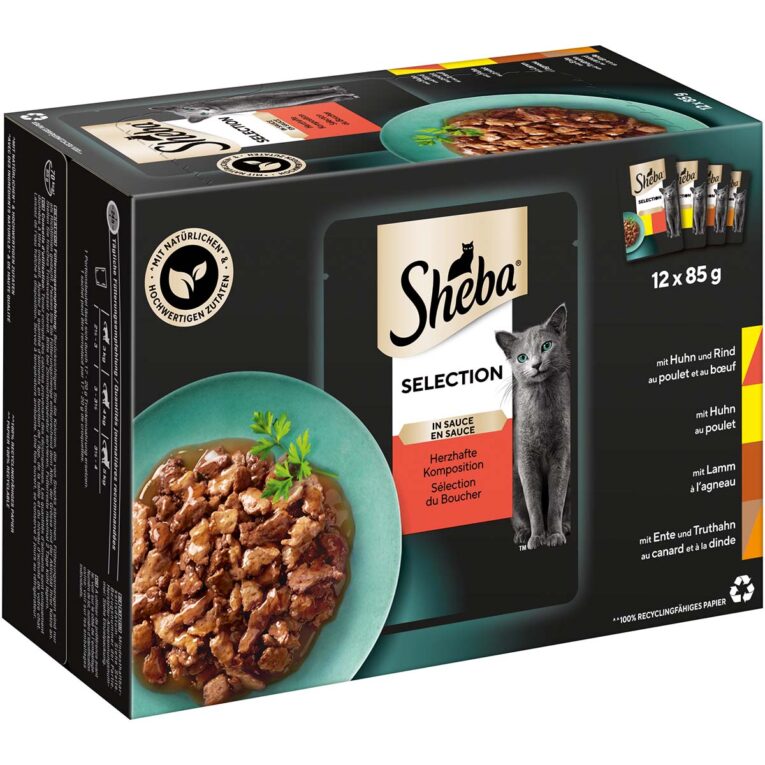 Sheba Selection in Sauce Feine Vielfalt Multipack 12x85g bietet Ihrer Katze eine köstliche Auswahl verschiedener Variationen mit Fleisch in Kombination mit verführerischen Saucen.