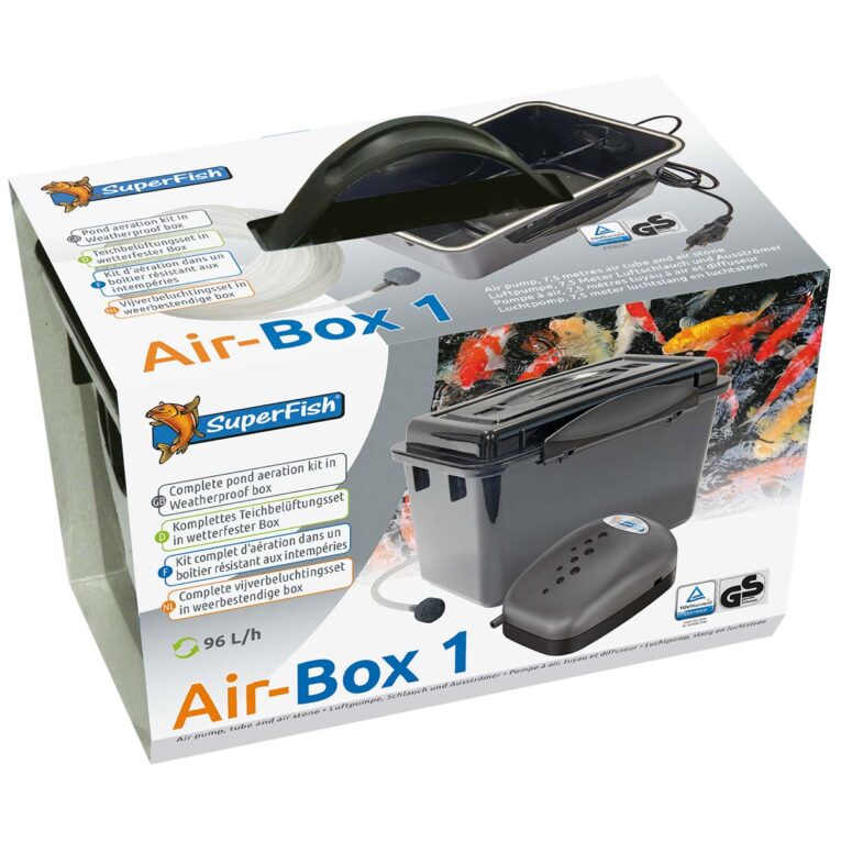 Sorge für frischen Sauerstoff im Teich mit der SuperFish Air-Box. Praktische Box schützt vor Regen und Spritzwasser. Verschiedene Größen erhältlich.