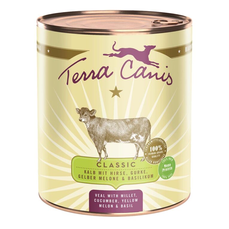 Terra Canis CLASSIC Kalb und Hirse bietet deinem Hund hochwertiges Nassfutter mit frischem Muskelfleisch und nahrhaftem Gemüse. Glutenfrei.