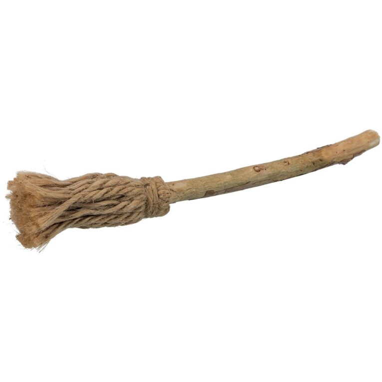 Katzenspielzeug aus 100% natürlichem Matatabi mit Fransen aus Jute in Besenoptik. Unterstützt die Zahnpflege.