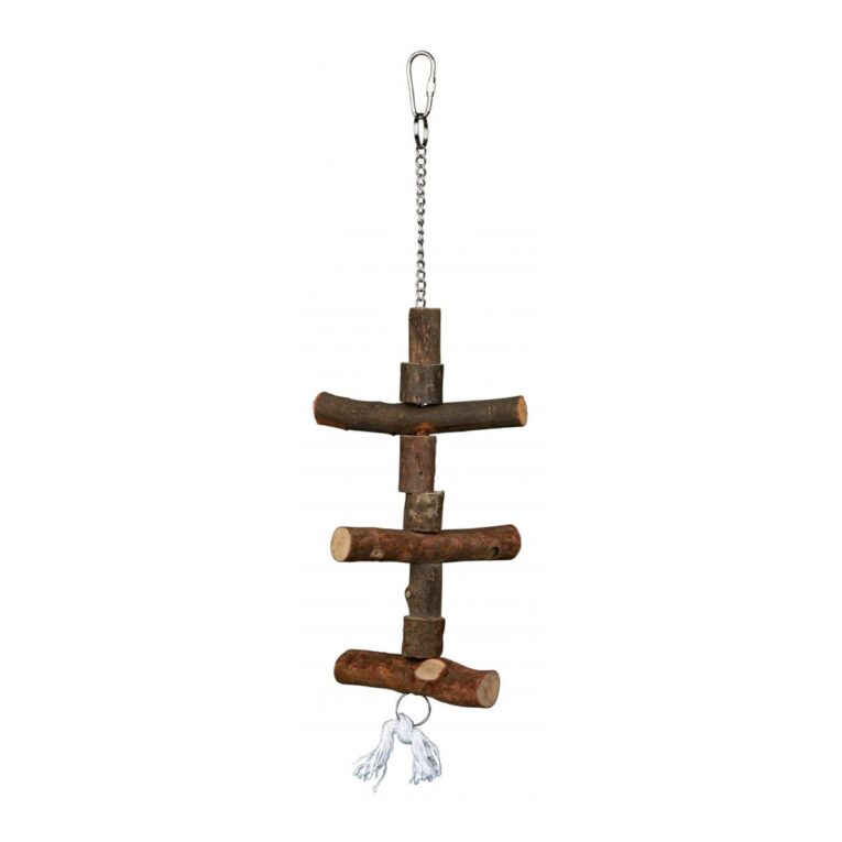 Robustes Vogelspielzeug aus Holz von Trixie. Das Spielzeug mit Kette und Tau ist besonders für Wellen- und Nymphensittiche geeignet.
