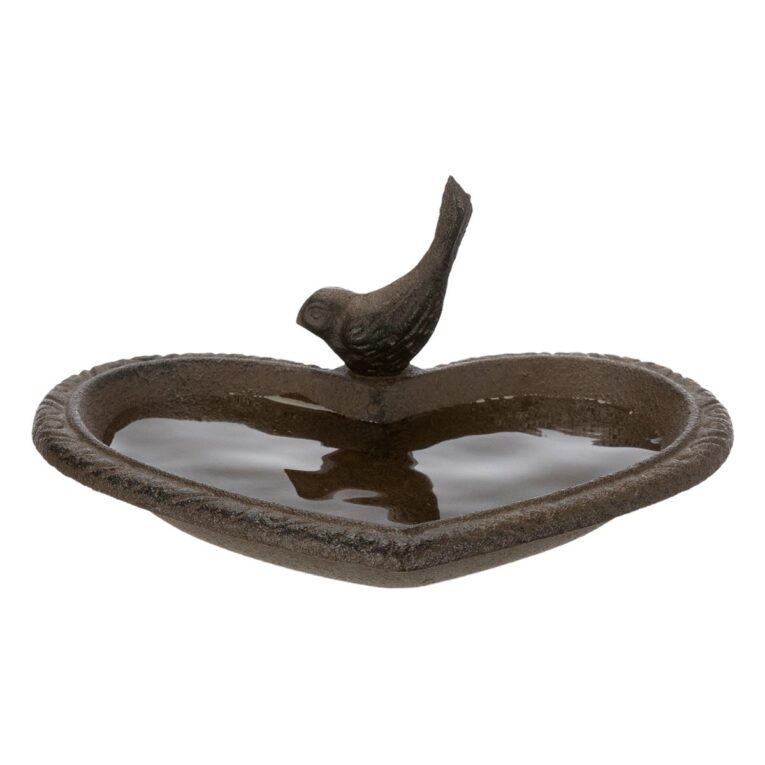 Vogeltränke aus Gusseisen in Herzform – ganzjährig nutzbar.