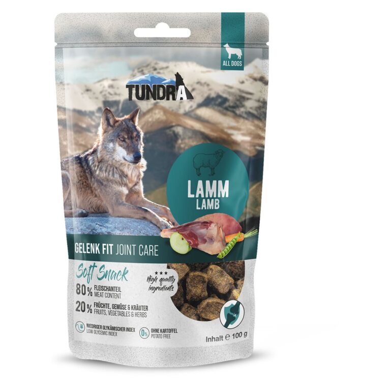 TUNDRA Snacks Lamm sind ein Ergänzungsfuttermittel mit hohem Fleischanteil und mit Obst und Gemüse.