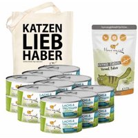 I love my cat Dealset für Katzen mit Giardien - 18 Dosen Nassfutter mit Pute und Lachs 100g + Vermal Pulver 35g + 1 Jutesack von I love my cat