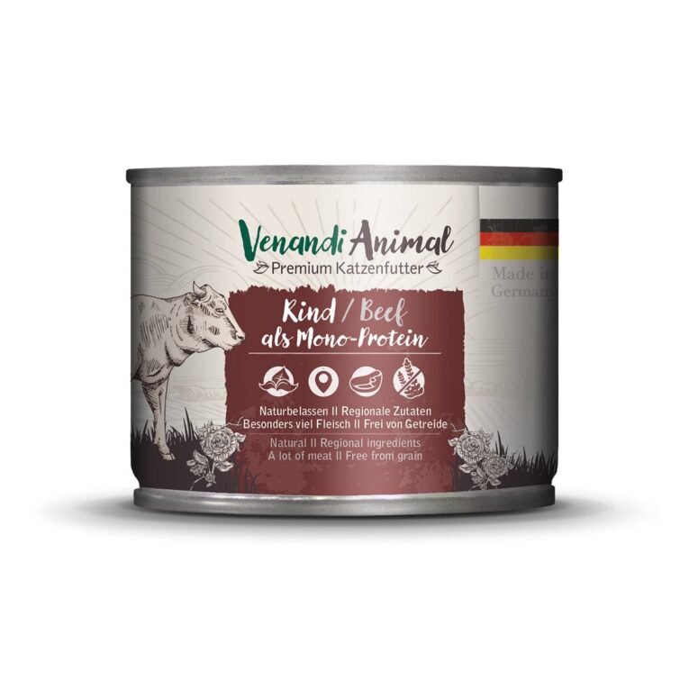 Venandi Nassfutter Rind versorgt Ihre Katze mit allen wichtigen Nährstoffen und ist durch seine natürlichen und delikaten Zutaten äußerst schmackhaft. Der hohe Fleischanteil des Menüs stammt aus einer Proteinquelle
