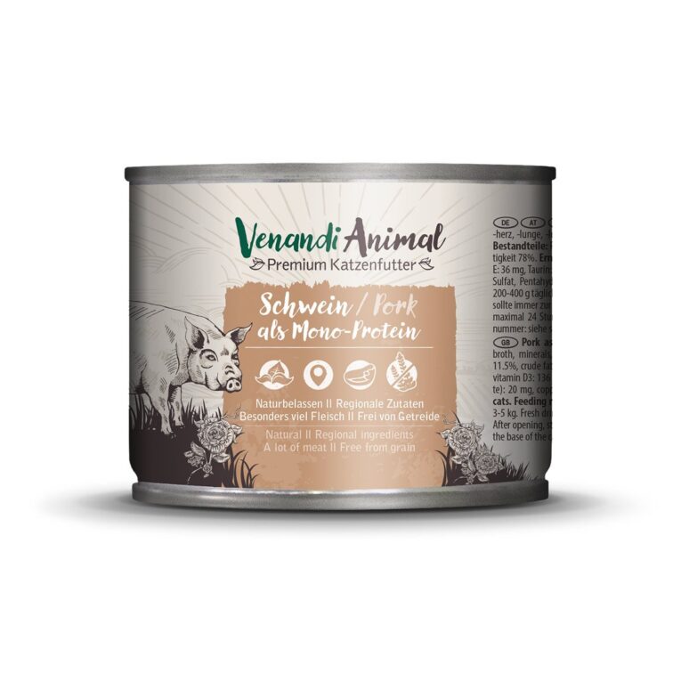 Natürliches Premium Katzenfutter von Venandi Animal mit Schwein als Monoprotein. Naturbelassen mit besonders viel Fleisch und ohne Zucker- und Getreidezusatz.