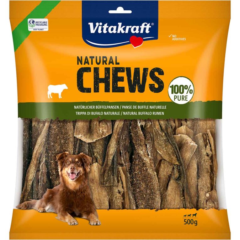 Unwiderstehlicher Pansen von Vitakraft Chews. Schonend getrocknet - für eine artgerechte Ernährung und ein herzhaft natürliches Kauerlebnis. 100% Naturprodukt vom Büffel.