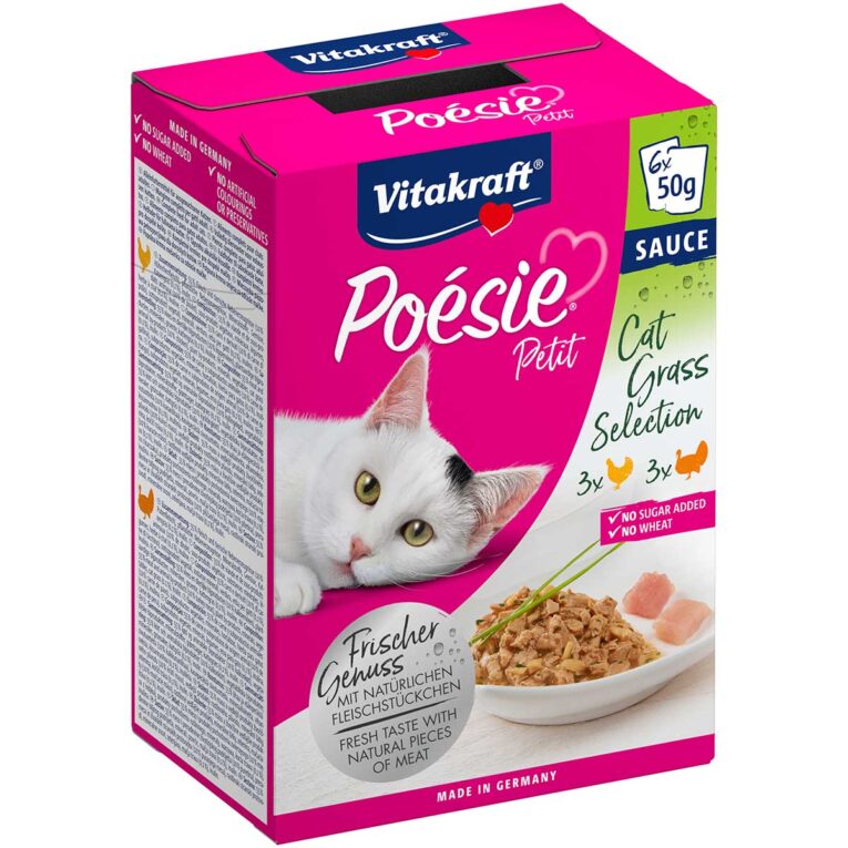 Mit Katzengras angereichertes Nassfutter für ausgewachsene Katzen im neuen 50g Portionsbeutel.Multipack mit 6 Protionsbeuteln: 3 x mit Pute