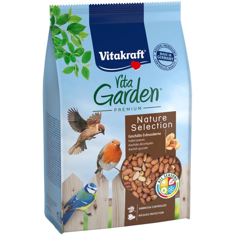 500g VitaGarden Nature Selection Erdnusskerne von Vitakraft mit geschälten Erdnusskernen. Eine wertvolle natürliche Quelle von Fetten und Proteinen für Gartenvögel