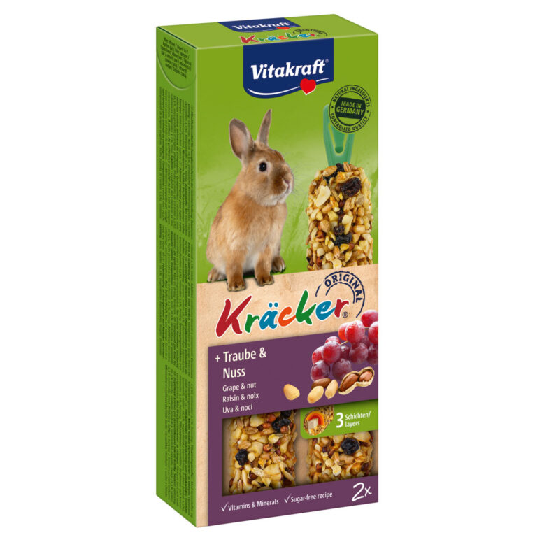 Vitakraft Kräcker® mit Traube und Nuss enthalten viele natürliche Zutaten. Sie sind ein abwechslungsreicher Knabberspaß.
