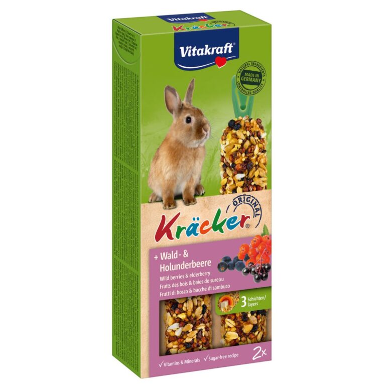 Vitakraft Kräcker® mit Wald- & Holunderbeere sind fruchtige Knabberstangen für Ihr Zwergkaninchen mit wertvollen Vitaminen und Knabberholz.