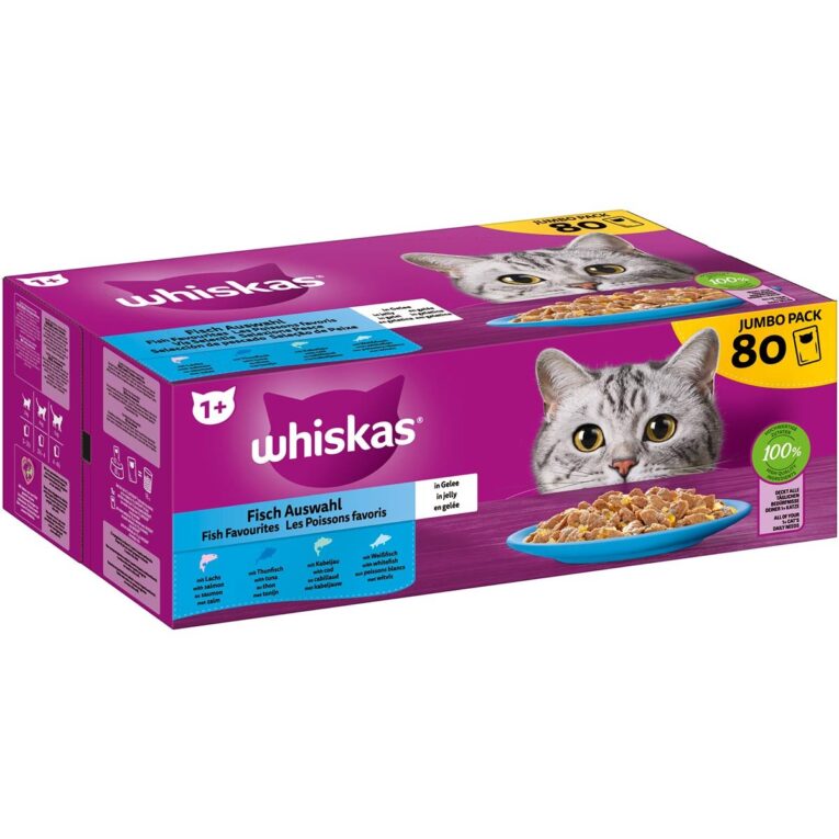 WHISKAS® Pouch 1+ Fisch in Gelee 80x85g in der Großpackung kommt in praktischen 85g-Beuteln und ist auf die Bedürfnisse deiner ausgewachsenen Katze abgestimmt.