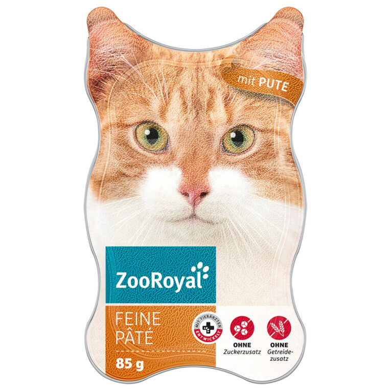 ZooRoyal Katzen-Nassfutter Feine Pâté mit Pute ist eine schmackhafte Pastete für ausgewachsene Katzen. Ohne Zuckerzusätze oder Farbstoffe. Mit mehr als 60% Fleischanteil!