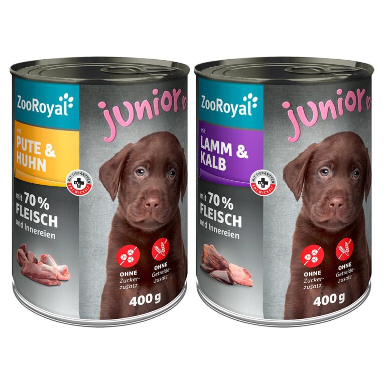 ZooRoyal Nassfutter Junior Mixpaket mit Lamm+Kalb und Pute+Huhn in 400g Dosen. Alleinfuttermittel für junge Hunde.