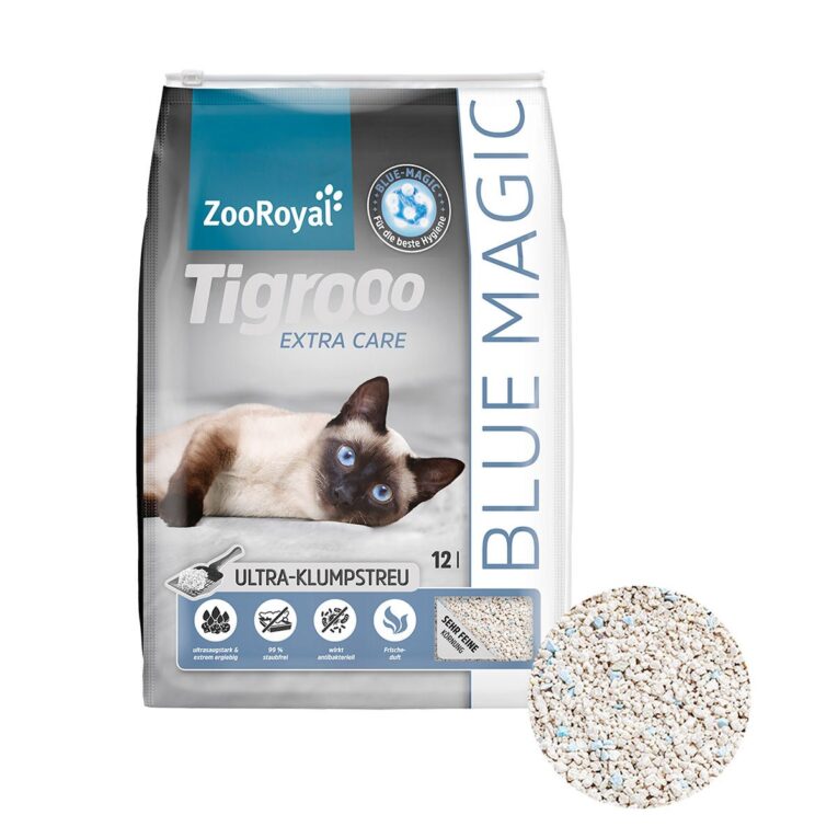 ZooRoyal Tigrooo Blue Magic ist eine hygienisch weiße antibakterielle Ultra-Klumpstreu mit blauen Signalperlen