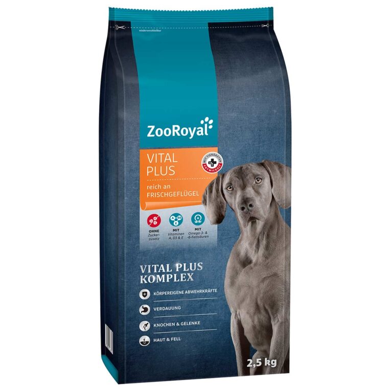 Hunde-Trockenfutter von ZooRoyal. Das Trockenfutter ist eine sättigende Mahlzeit für deinen Hund. Tue deinem Hund etwas Gutes!